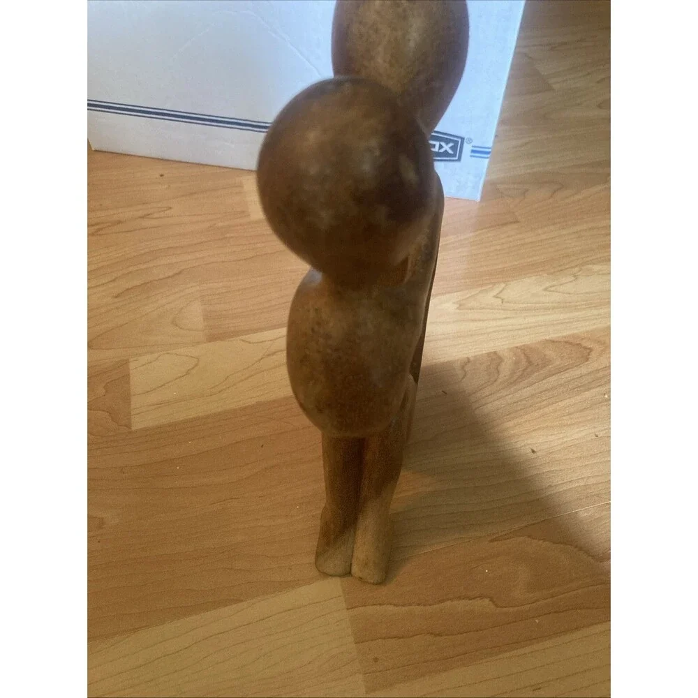 Hand-Carved Wooden Sculpture Mother and Child Embrace Abstract Figurine 11”